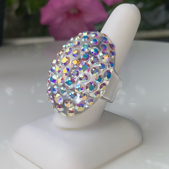 Large Crystal Statement Ring For Women Embellished With Aurora Borealis Crystals - Picture 4 of 10